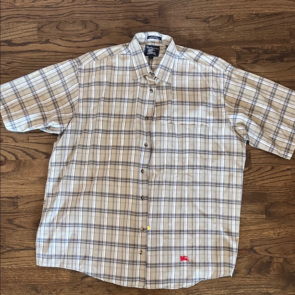 Burberry Vintage Tan and Navy Plaid Cotton Shirt Short Sleeve